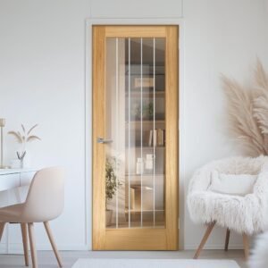 Mexicano Pattern 10 Oak Internal Door - Clear Glass Frosted Lines - Prefinished